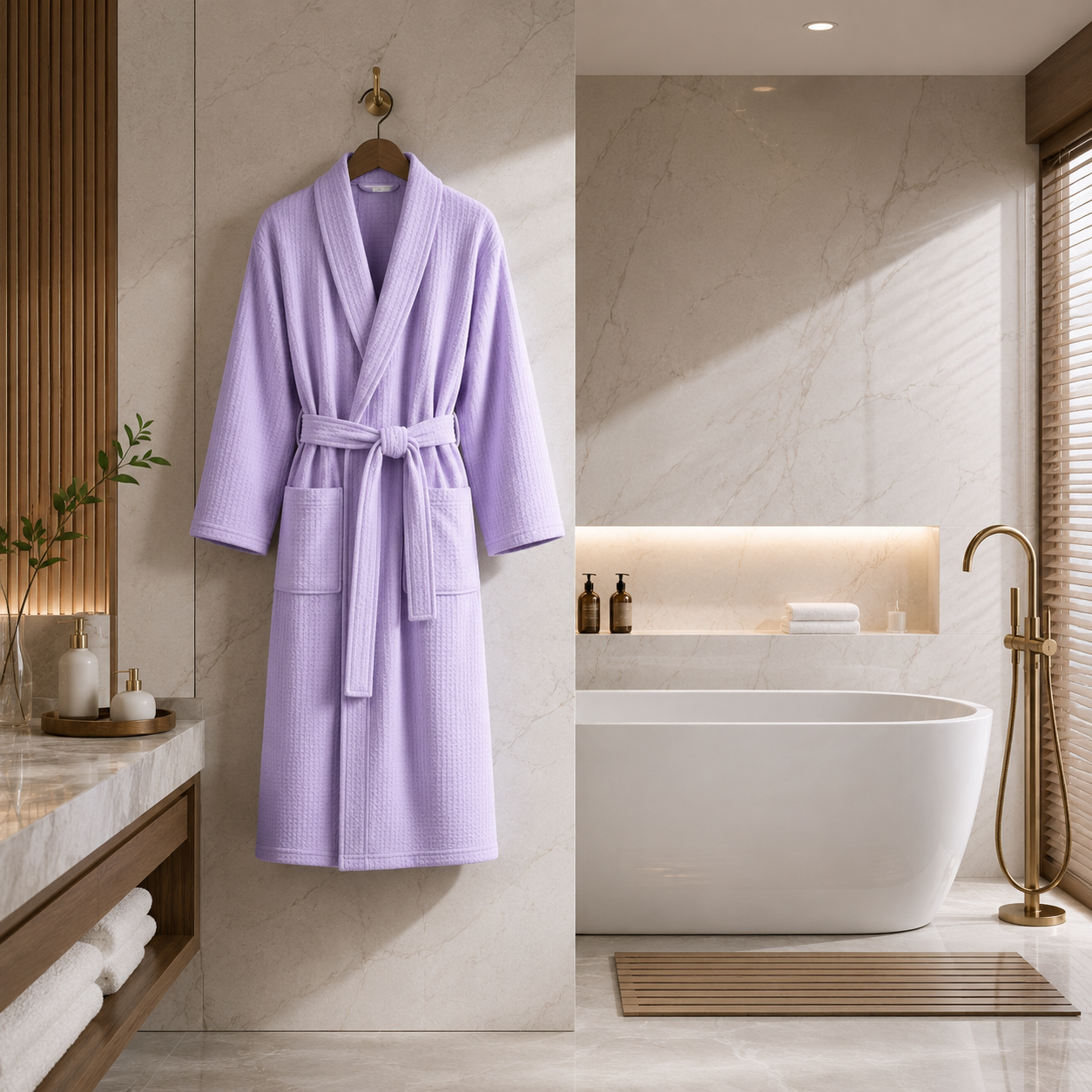 Light purple waffle bathrobe hanging in luxury hotel bathroom
