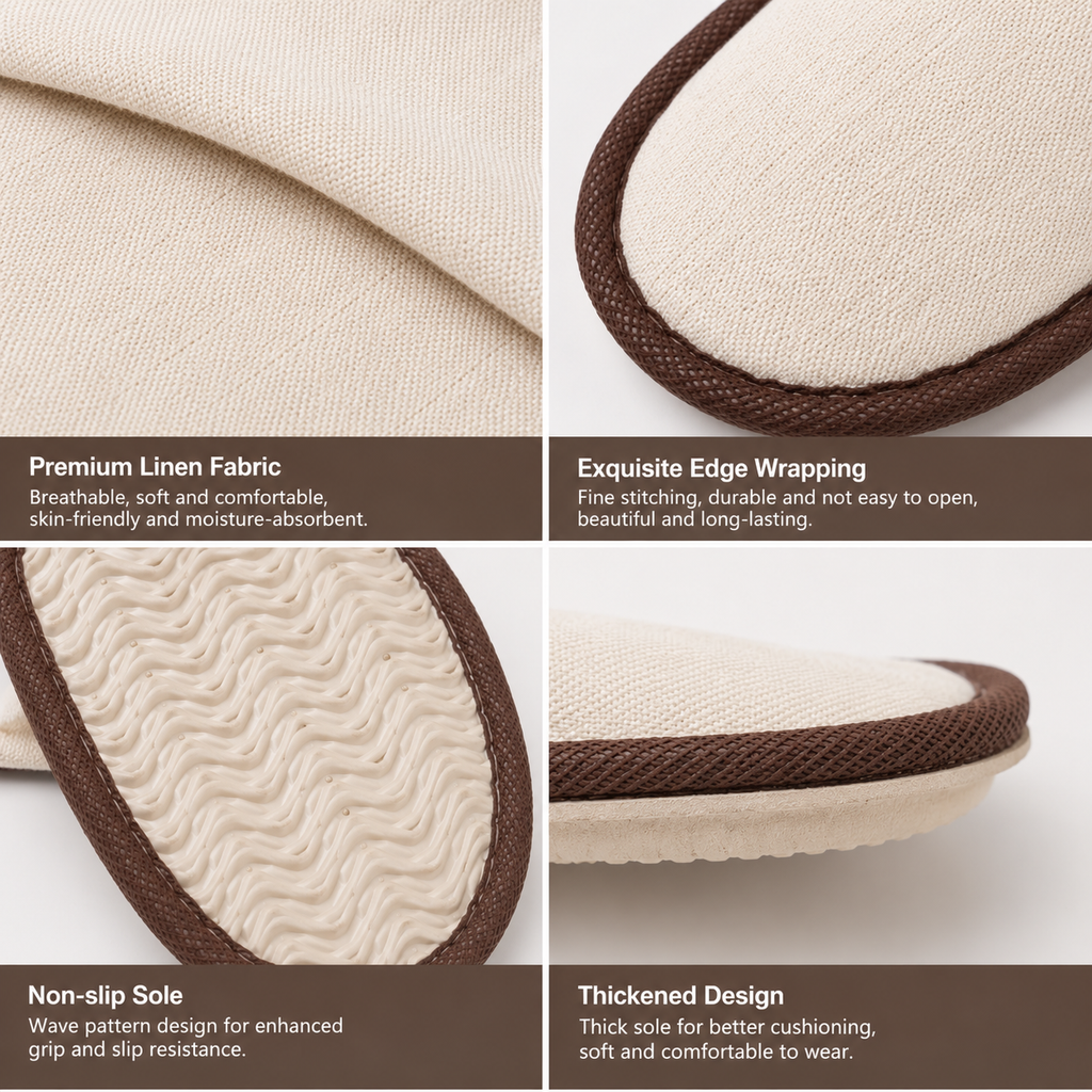 Linen hotel slipper fabric texture and anti-slip sole details