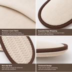 Linen hotel slipper fabric texture and anti-slip sole details