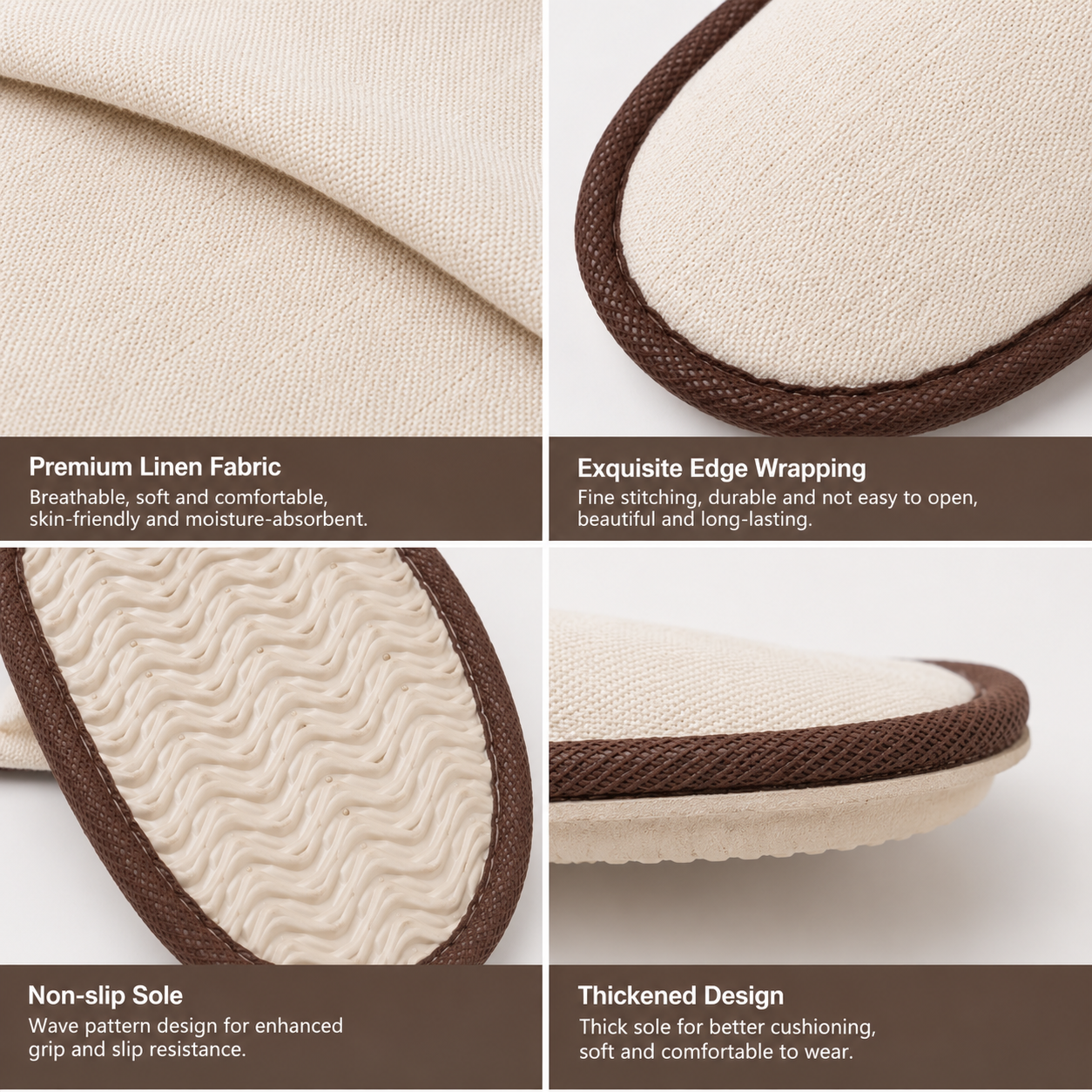 Linen hotel slipper fabric texture and anti-slip sole details