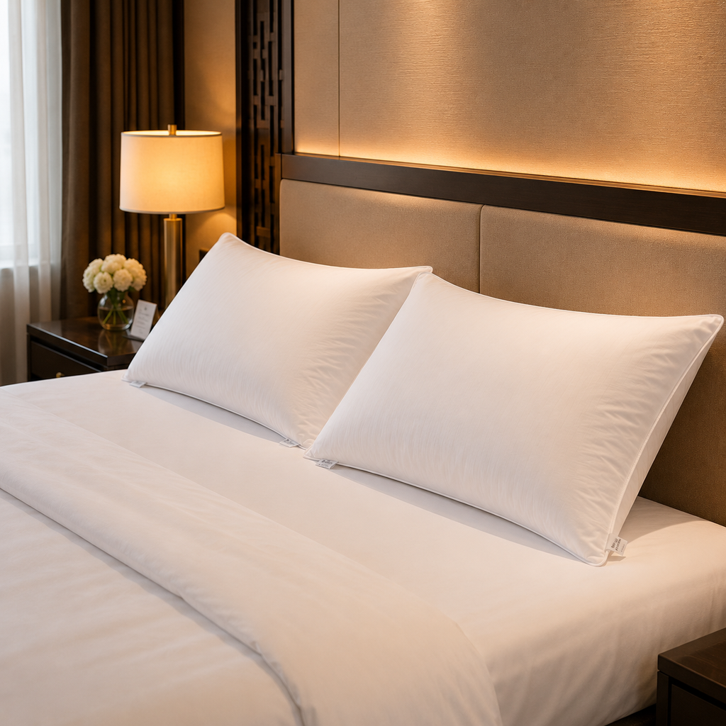 Luxury hotel bed with white duck down pillows