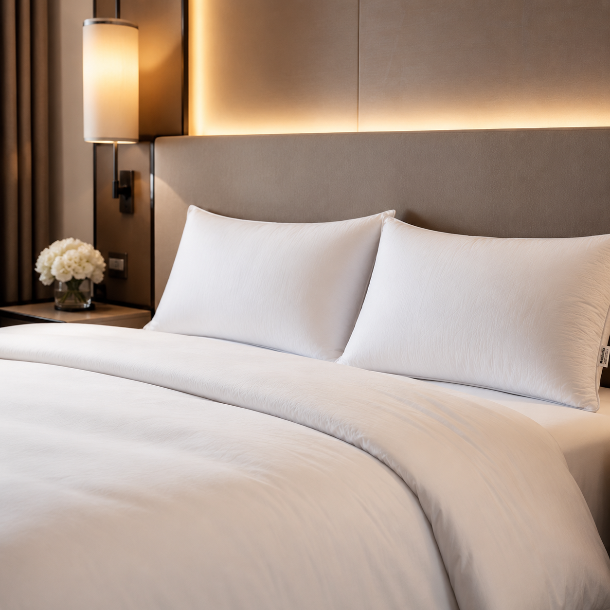 Luxury hotel bed with white goose down pillows