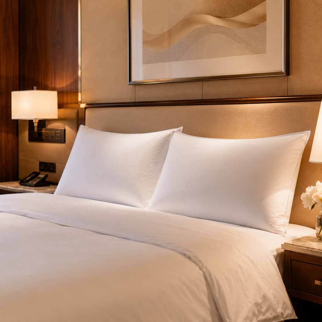 Luxury hotel bedroom with premium white duck down pillows