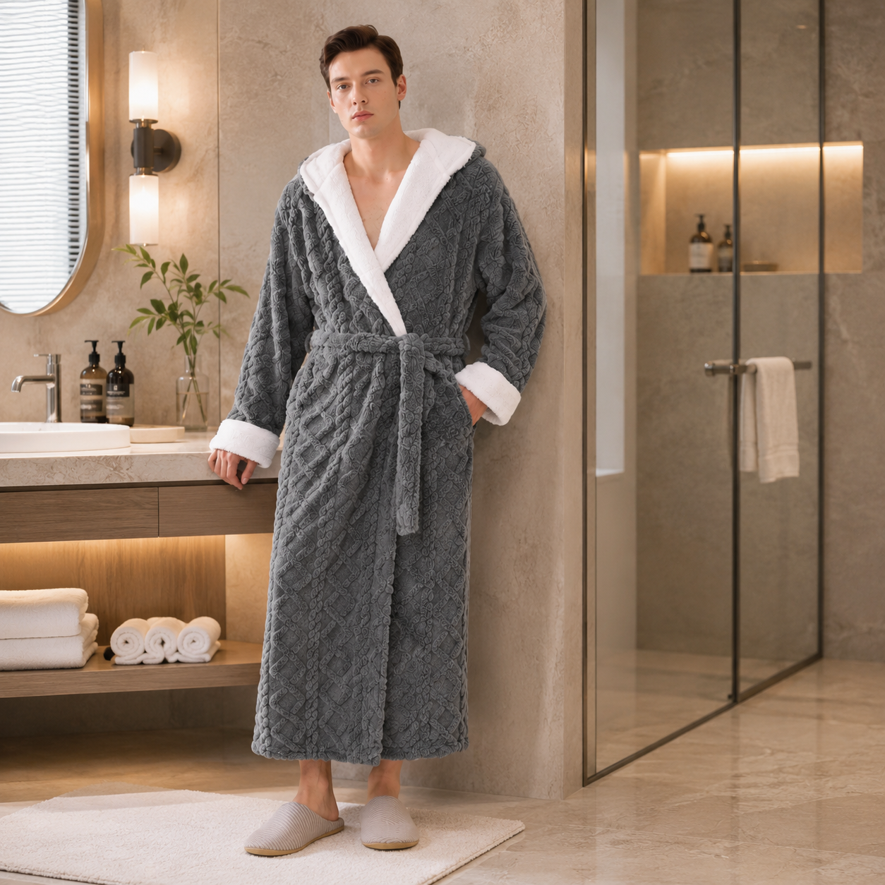 luxury embossed bathrobe hotel bathroom scene