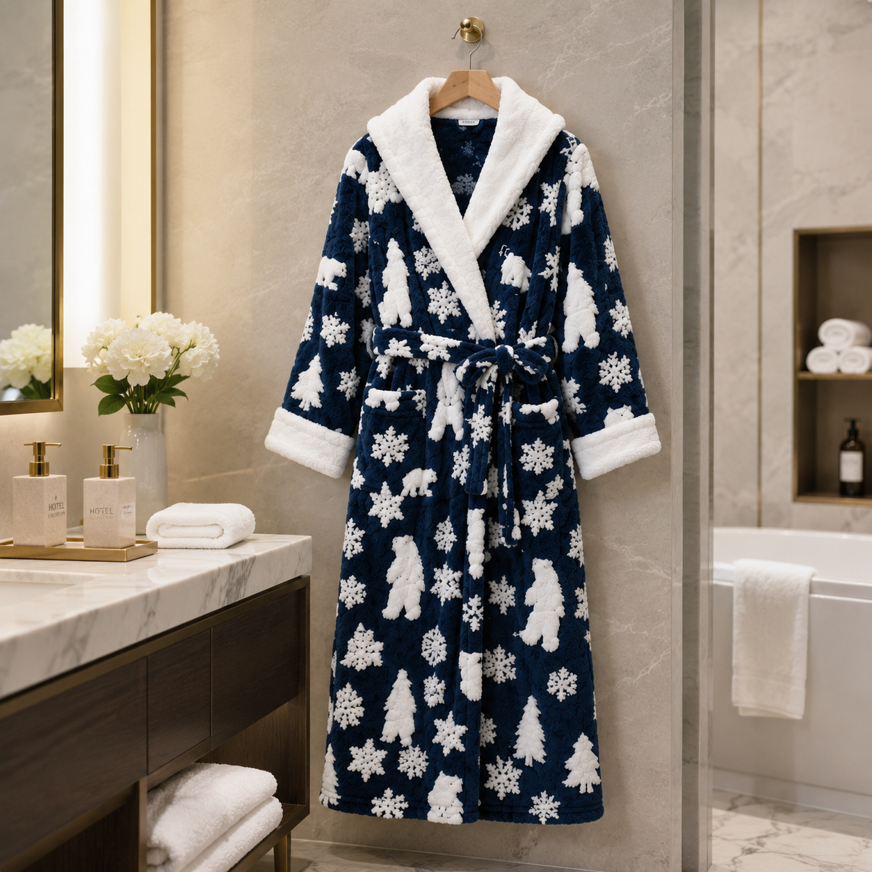 luxury winter plush bathrobe hotel bathroom scene
