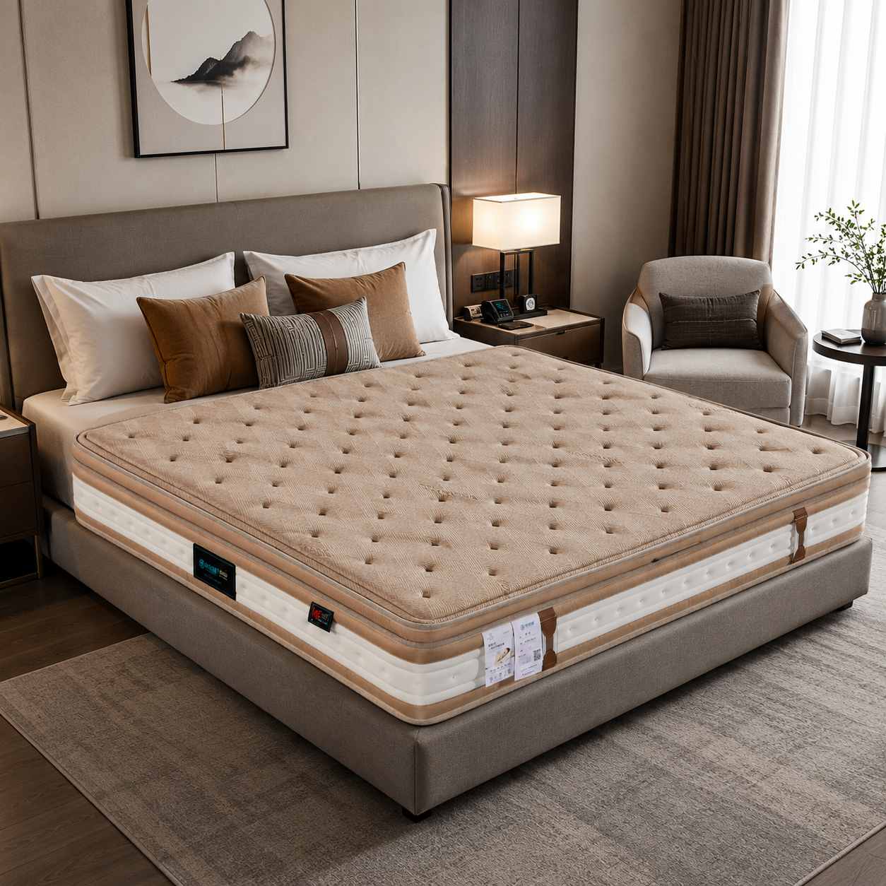 luxury hotel bedroom with cashmere mattress