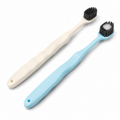 Blue and cream white modern leaf design hotel toothbrushes on white background