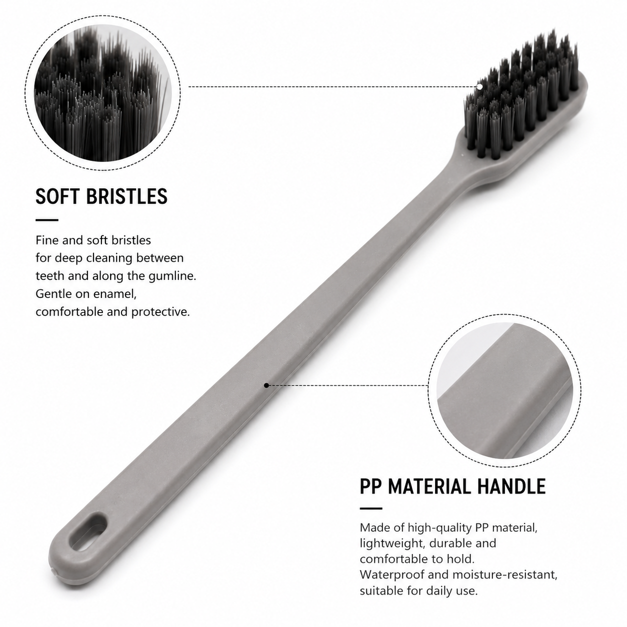 Close-up detail of PP hotel toothbrush handle and soft charcoal bristles