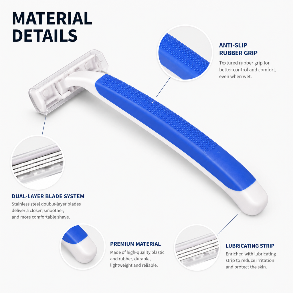 hotel razor anti slip rubber grip and dual blade details