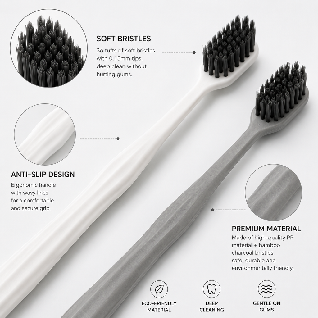 Close-up detail of soft bamboo charcoal bristles and ergonomic wavy toothbrush handle