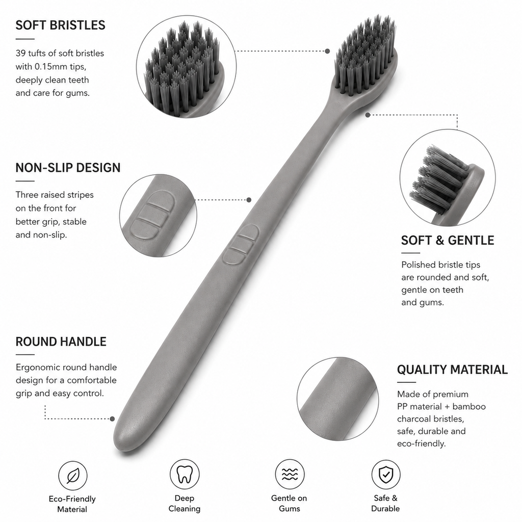 Close-up detail of bamboo charcoal soft bristles and anti-slip toothbrush handle
