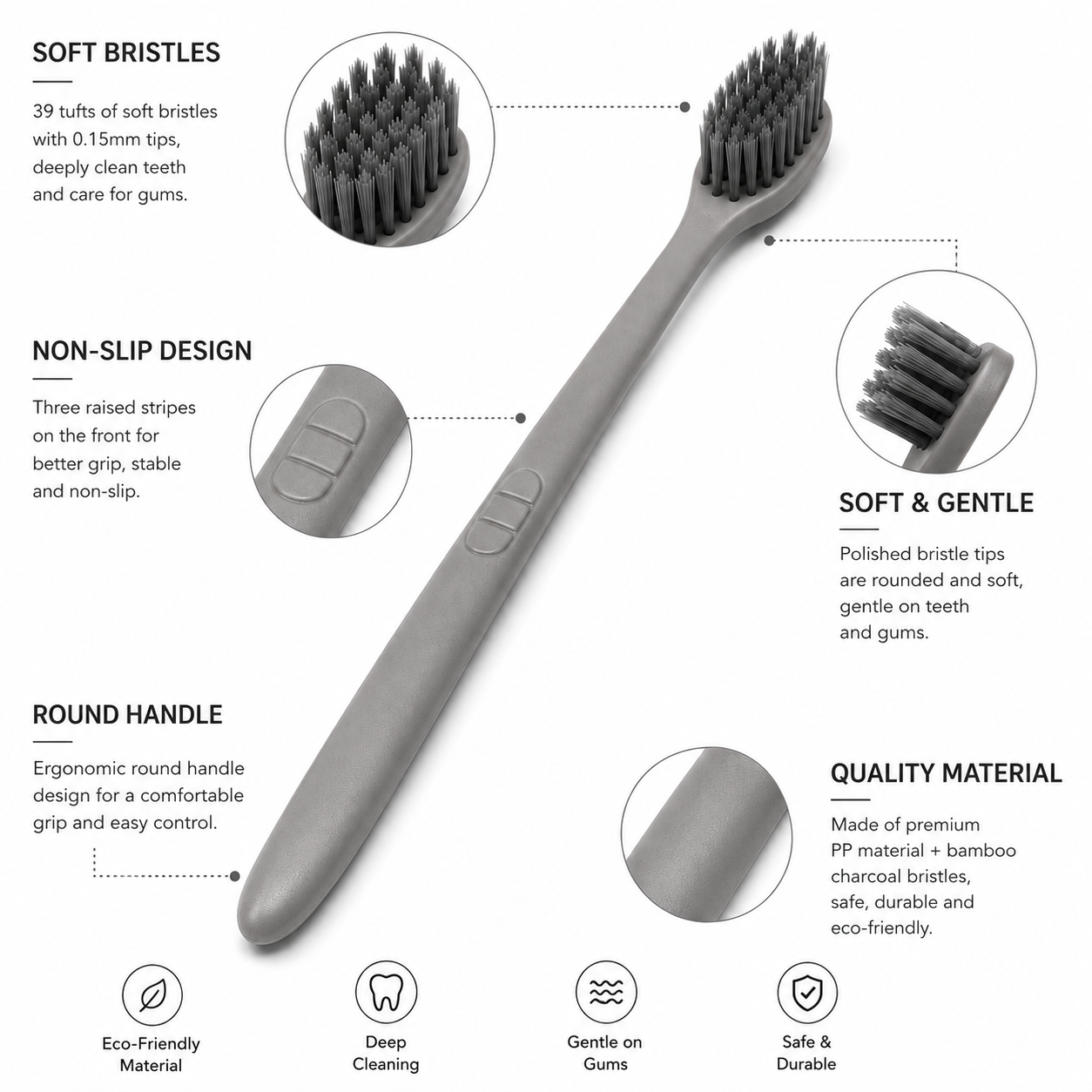 Close-up detail of bamboo charcoal soft bristles and anti-slip toothbrush handle