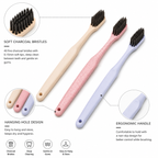 Close-up detail of soft bamboo charcoal bristles and ergonomic toothbrush handle