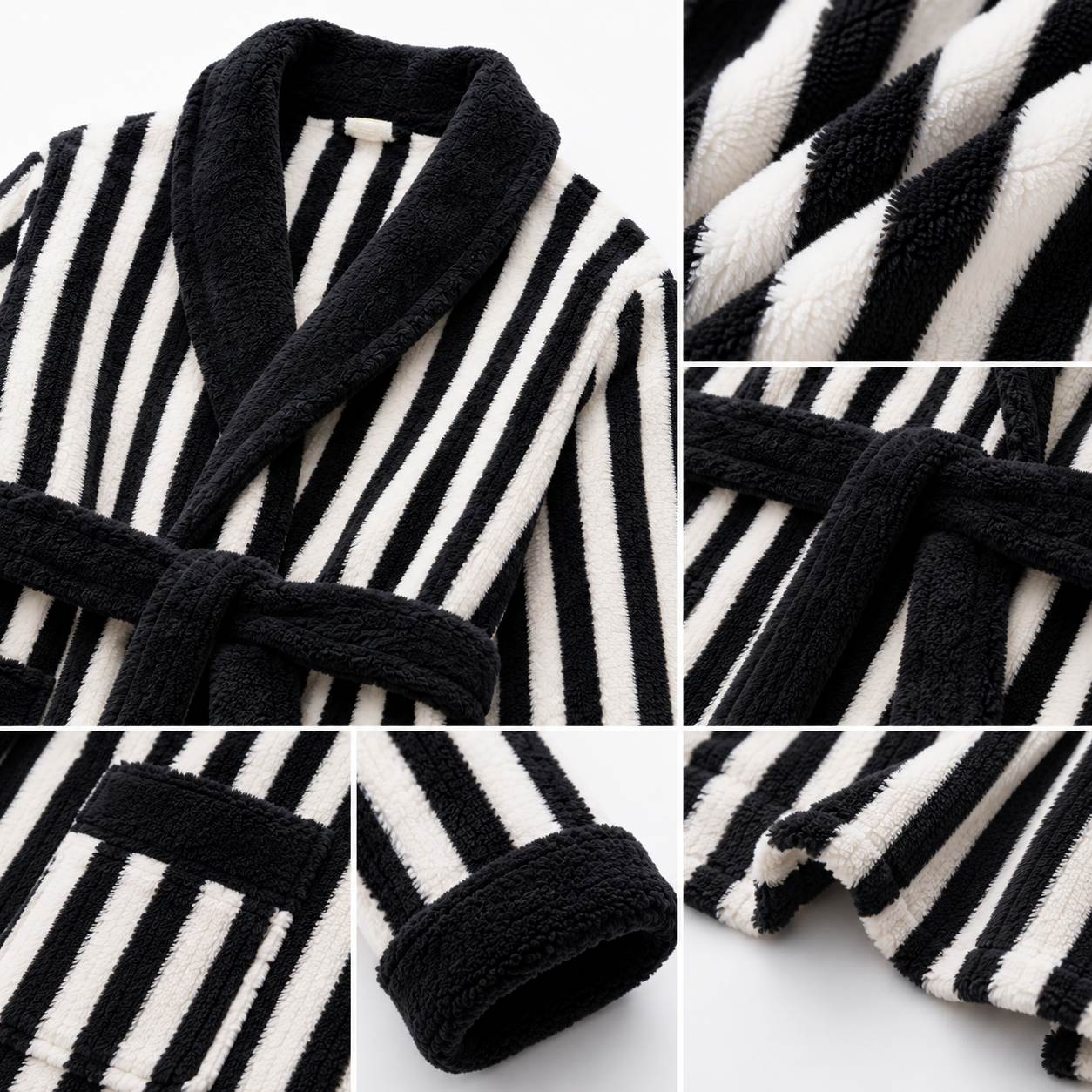 striped coral fleece bathrobe details