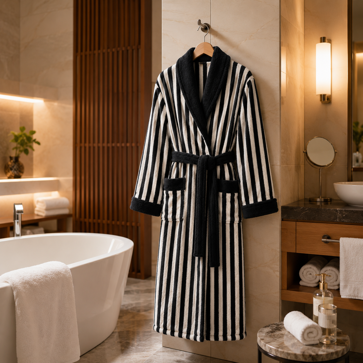 luxury striped bathrobe hotel bathroom scene