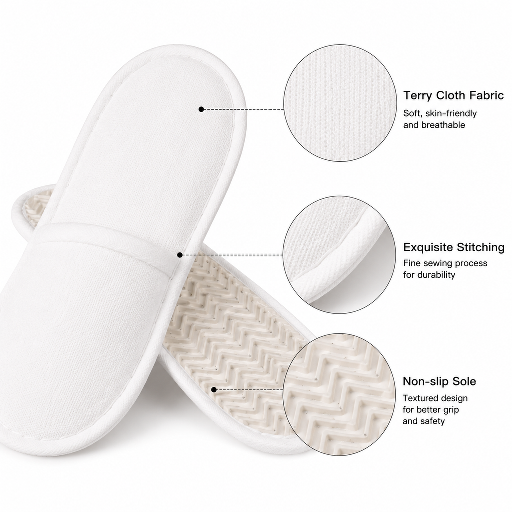 Terry cloth hotel slipper fabric and anti-slip sole details