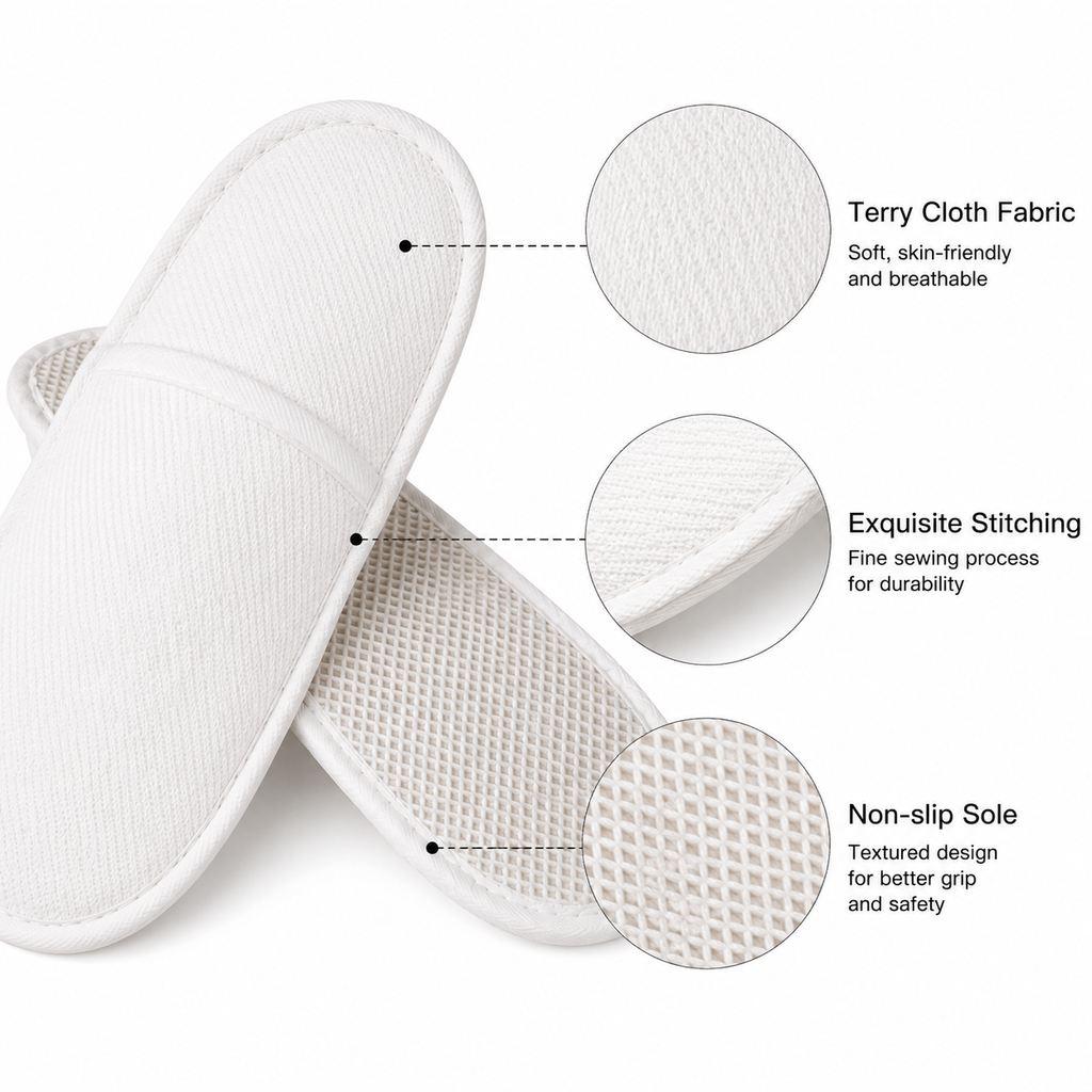 Terry cloth hotel slippers fabric texture and anti-slip sole details