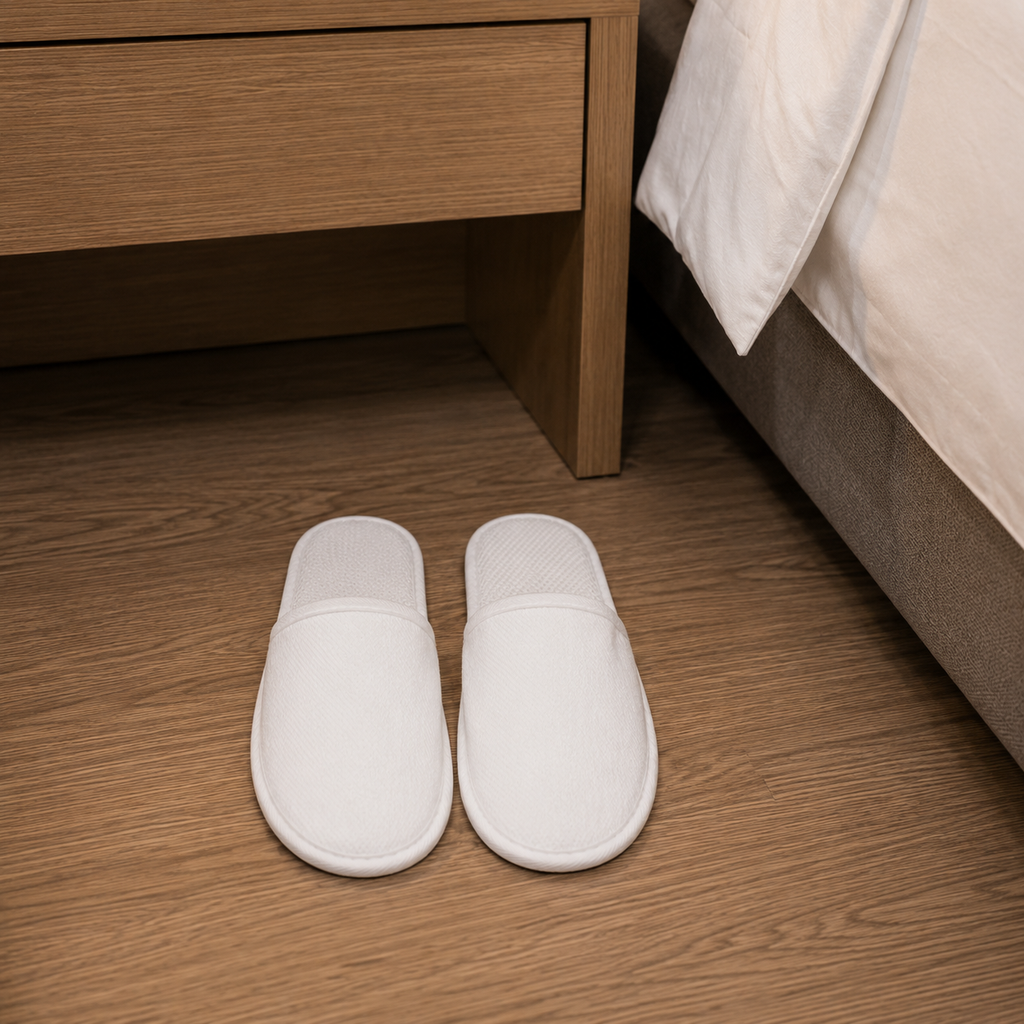 Disposable terry cloth slippers placed in hotel room