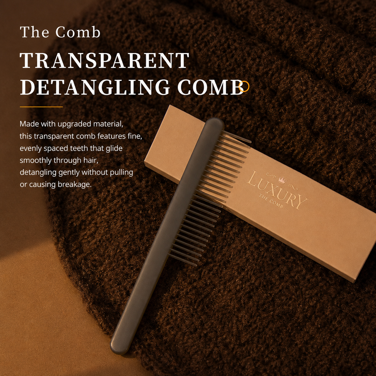 Transparent detangling comb with fine evenly spaced teeth, designed to glide smoothly through hair without pulling, ideal for hotel guest amenities