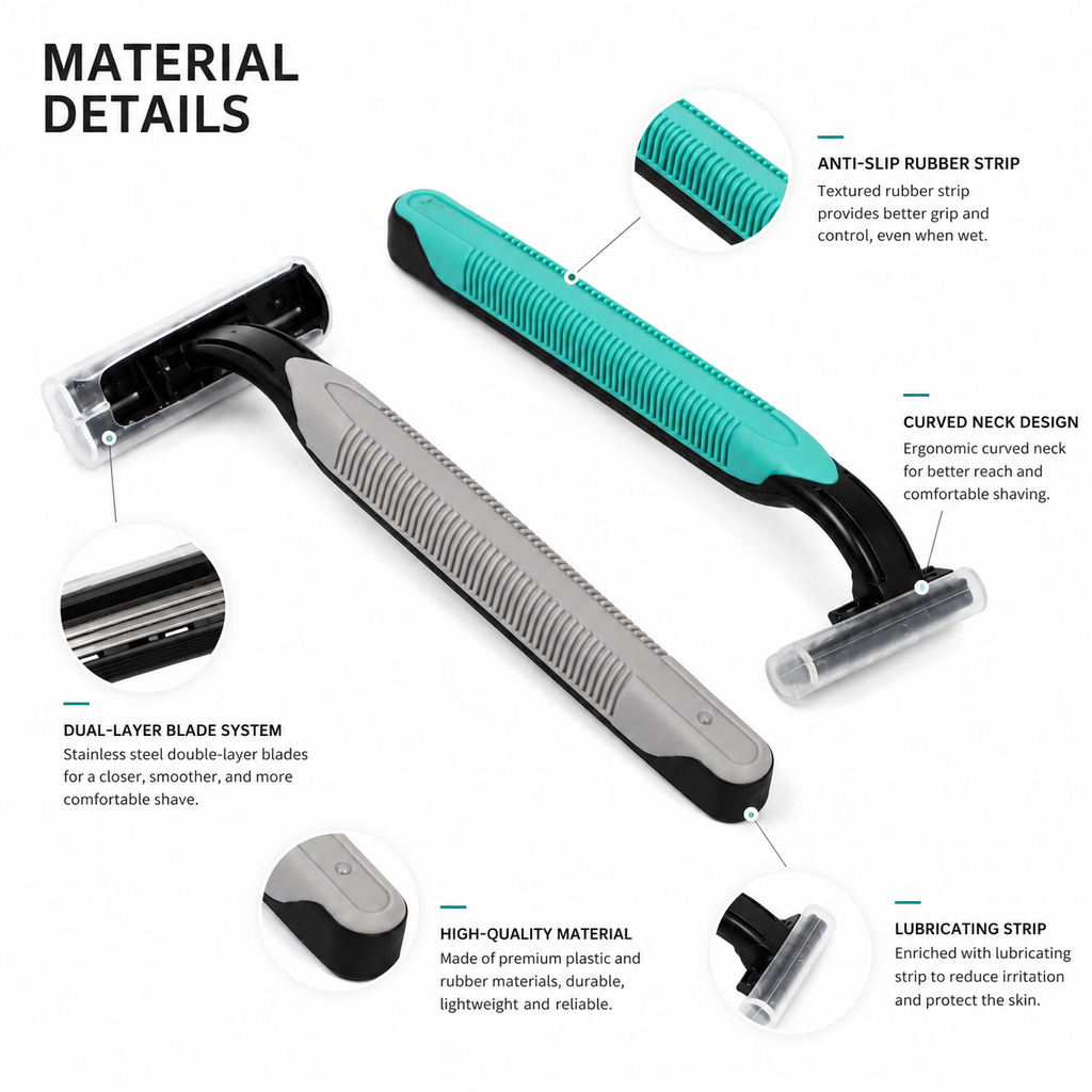 disposable razor anti slip rubber handle lubricating strip details