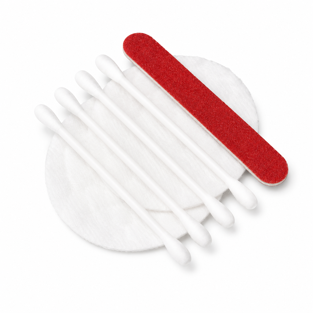 cotton pads cotton swabs and red nail file for hotel vanity kit