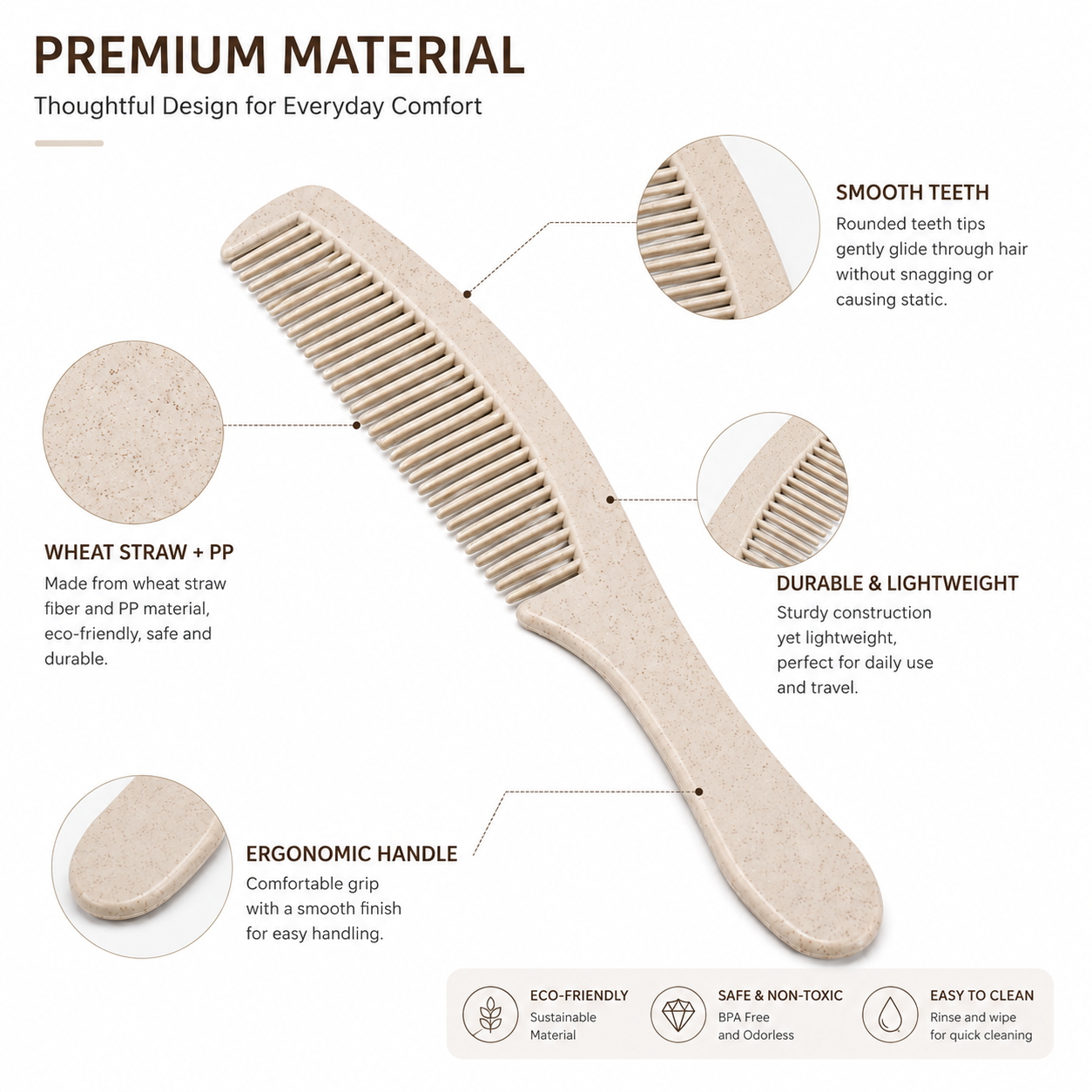 Close-up detail of wheat straw hotel comb with smooth rounded teeth