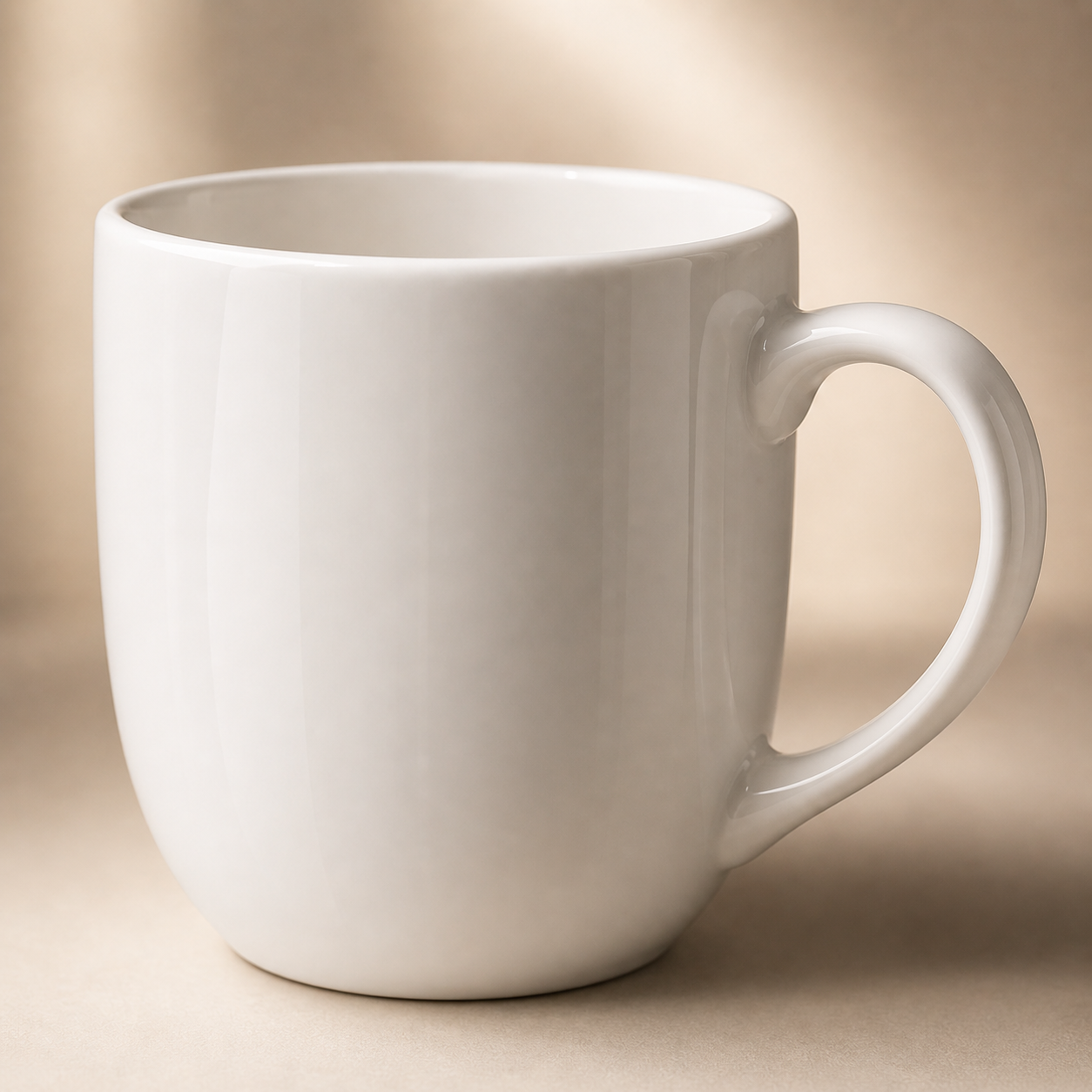 Close-up of white ceramic mug showing smooth glossy surface and ergonomic handle design