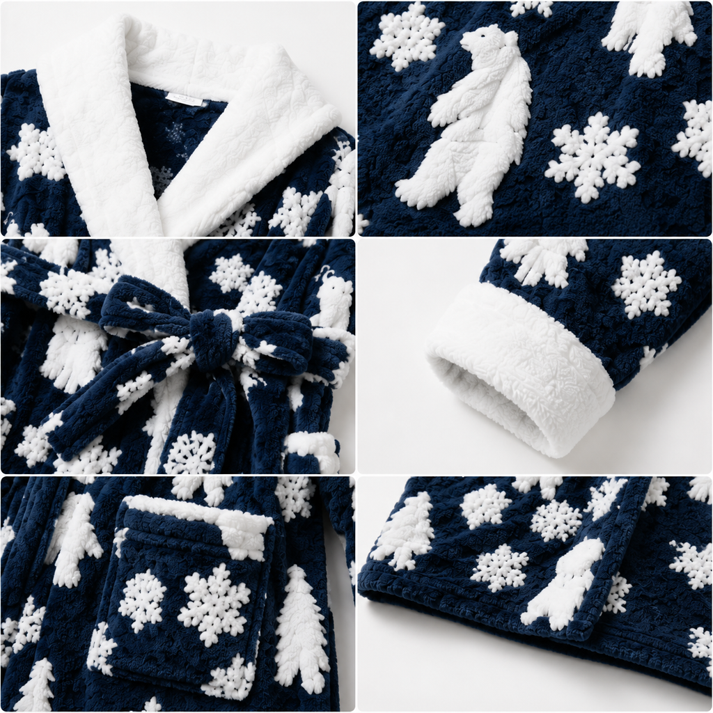 embossed sherpa plush bathrobe fabric details