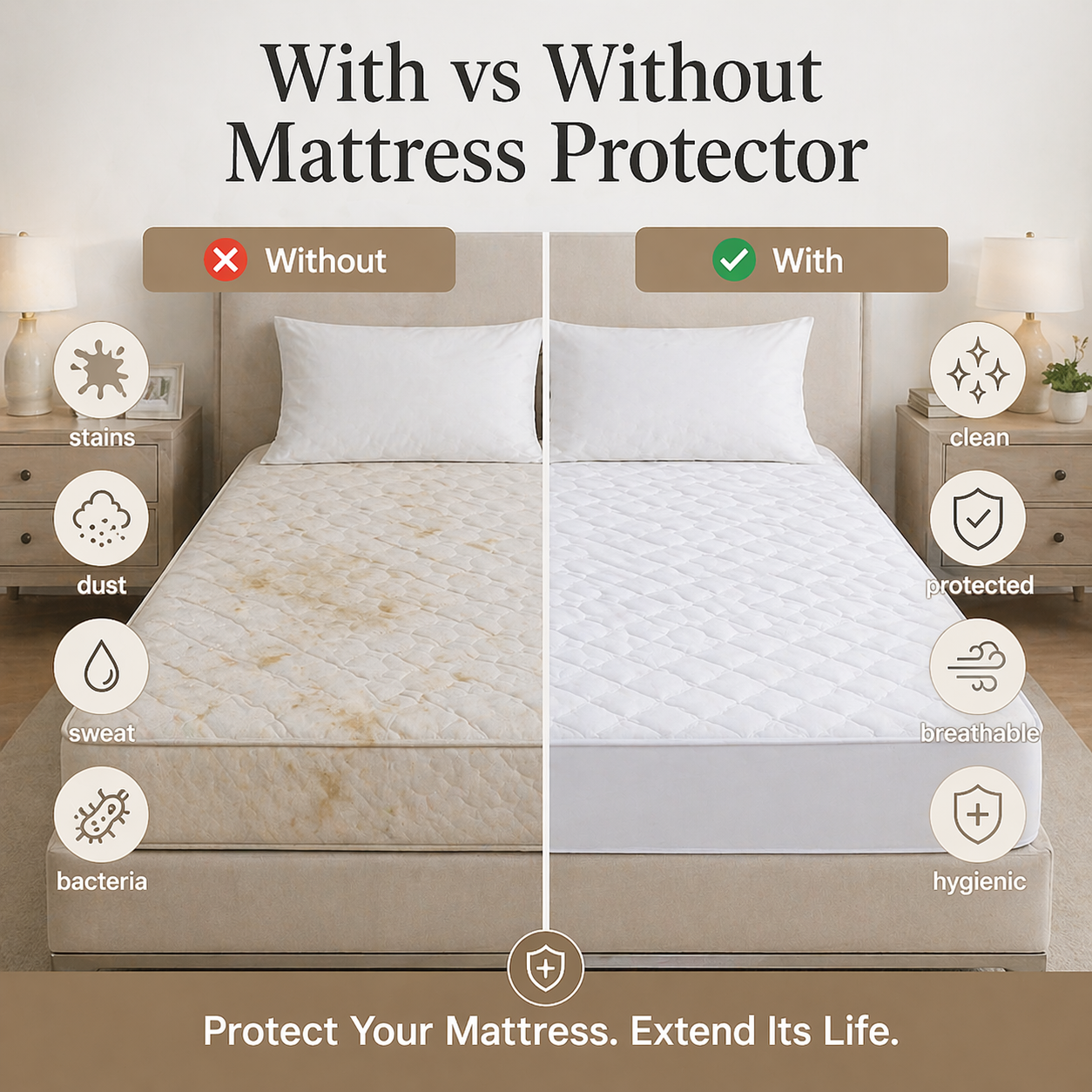 mattress protector comparison clean vs stained mattress protection against dust sweat bacteria hospitality bedding solution