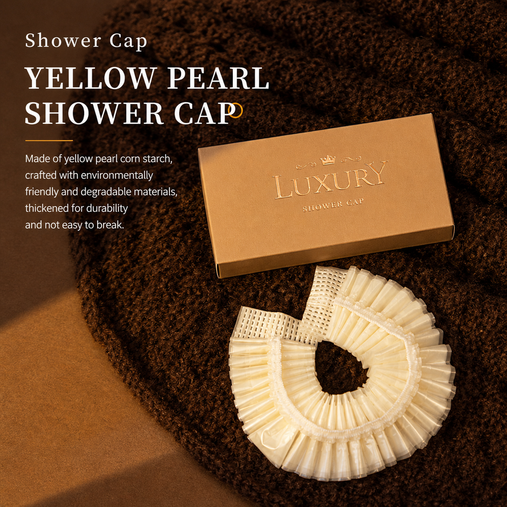 Eco-friendly yellow pearl shower cap made from biodegradable corn starch material, durable hotel amenity for guest use